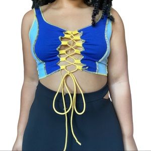 BRAND NEW BLUE ANS YELLOW CRISS CROSS CROP TOP!